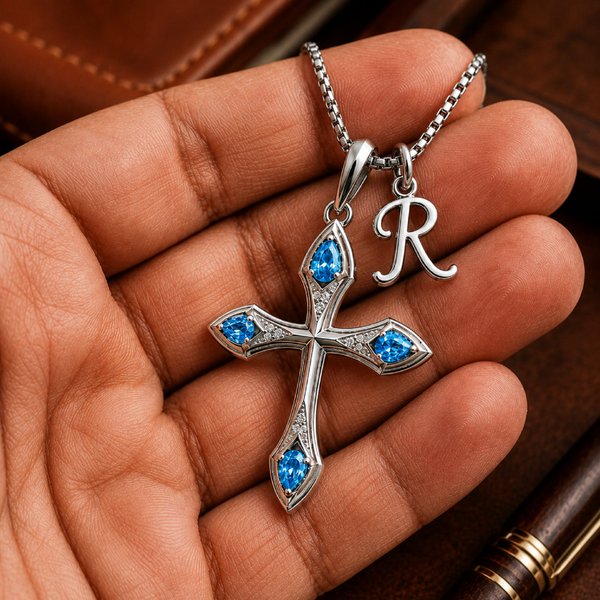 Personalized Shield Cross Necklace with  Birthstone and Initial Charm, Inspirational Protection Faith‑Based Jewelry, Gift for Him/Husband