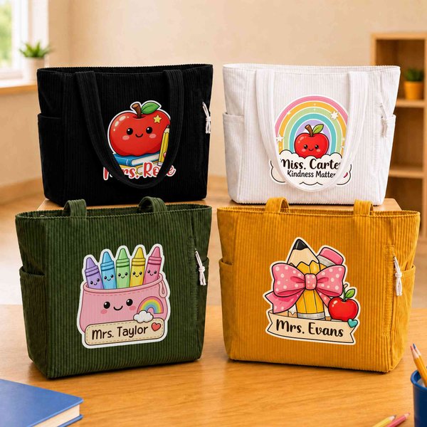 Personalized Pencil Teacher Theme Design Large Capacity Corduroy Tote Bag with Title & Name Thank You Birthday Gift for Teacher