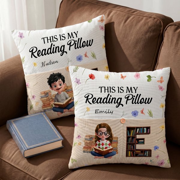 Personalized Floral Cartoon Reading Character Soft Throw Pocket Pillow Cover with Name and Initial Home Decor Birthday Gift for Bookworms Readers