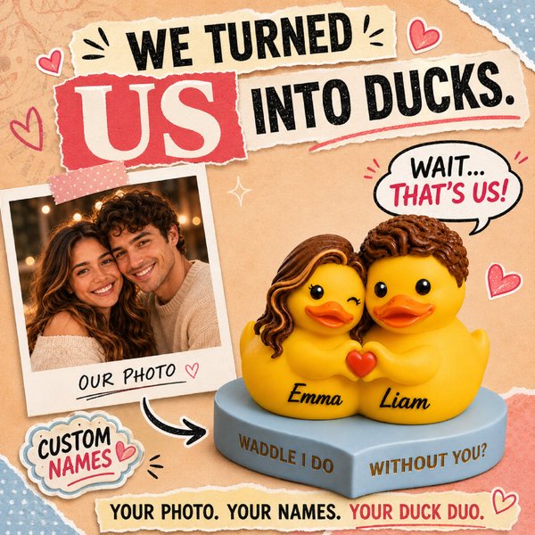 Canard en caoutchouc personnalisé avec la photo d'un couple et leurs prénoms, jolie figurine souvenir, cadeau d'anniversaire de mariage et de Saint-Valentin pour les amis