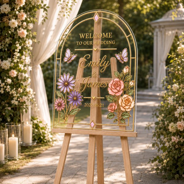 Panneau de bienvenue de mariage personnalisé en vitrail avec prénom doré, panneau de mariage floral sur mesure en acrylique, décoration de mariage dans un jardin, cadeaux pour les jeunes mariés
