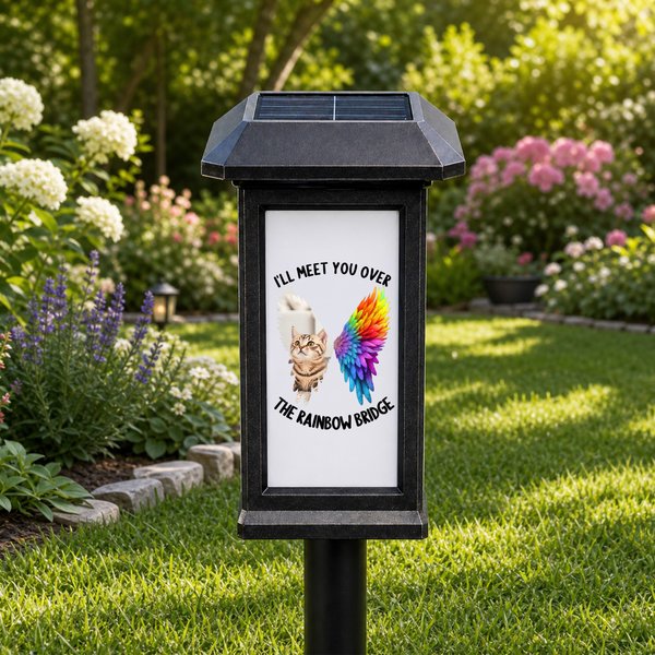 Lampe solaire de jardin personnalisée et colorée, ornée d'une empreinte de patte en forme d'aile et d'une photo de votre animal, avec son nom et un texte : cadeau commémoratif pour les propriétaires d