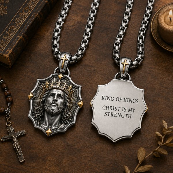 Collier personnalisé avec pendentif en forme de bouclier représentant un saint catholique, motifs variés du Christ, bijou bicolore symbolisant la protection de la foi, cadeau d'anniversaire pour lui/p