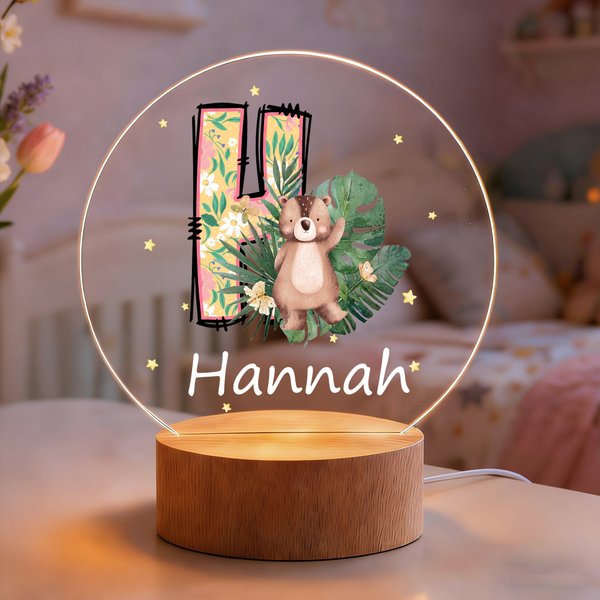 Personalized Cute Animal Floral Initial LED Night Light with Wooden Base and Name Home Decor Birthday Gift for Kids