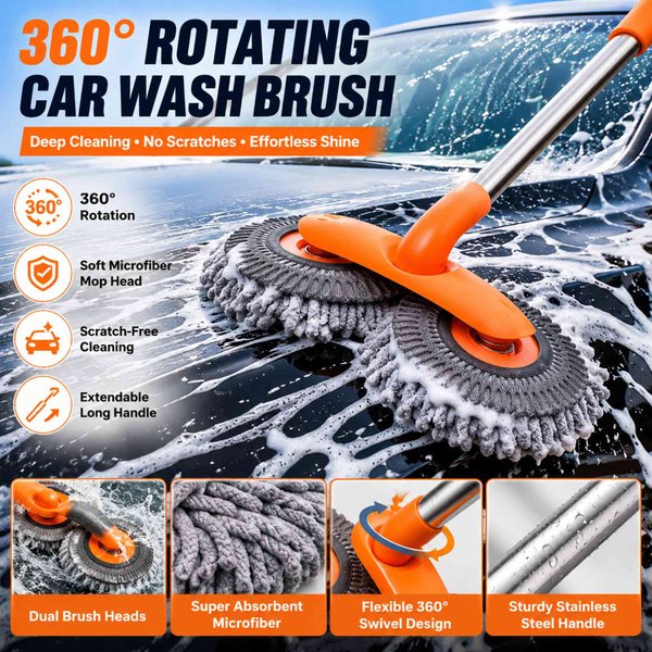 360° Rotating Car Wash Mop with Extendable Long Handle, Dual Microfiber Scratch-Free Cleaning Brush, Gift for Car Enthusiasts/Vehicle Owners