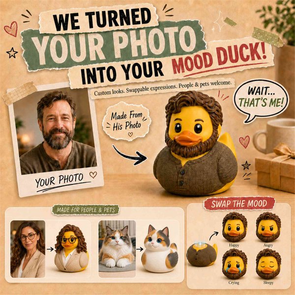 Personalized Photo Mood Duck with 4 Magnetic Heads, Funny Home Decor, Birthday/Christmas Gift for Friend/Family