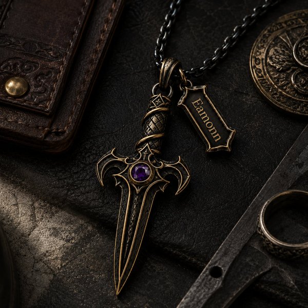Personalized Dagger Necklace with Name & Birthstone, Gothic Sword Pendant Amulet, Father's Day/Birthday Gift for Husband/Boyfriend/Son