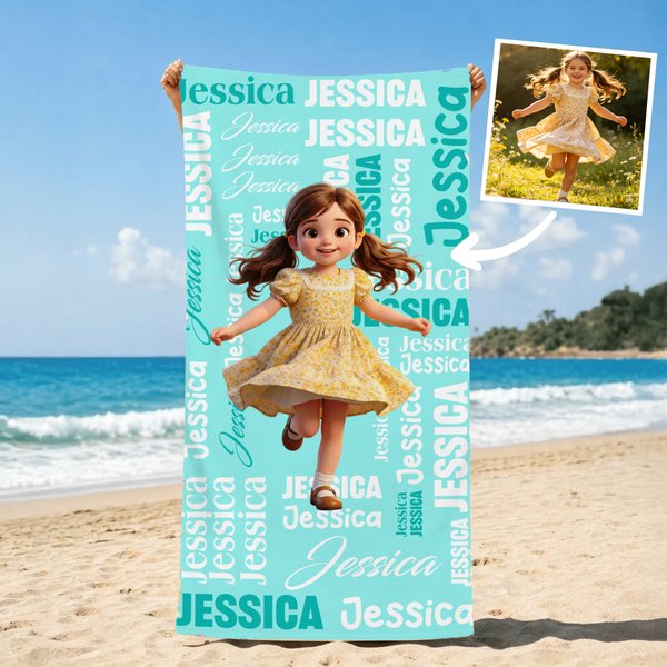 Personalized Photo to Cartoon Word Cloud Quick Dry Oversized Beach Towel with Name  Summer Travel Birthday Gift for Kids Family