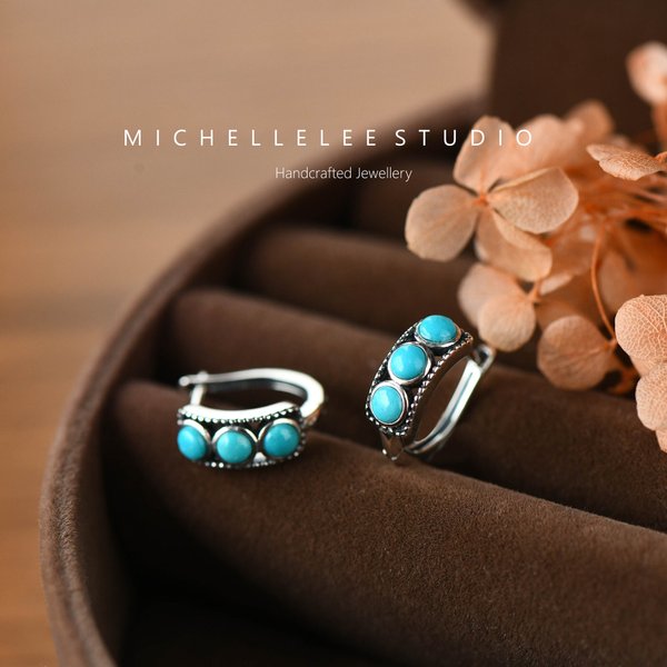 Turquoise Huggie Hoop Earrings, Natural Turquoise Bead Sterling Silver Earrings, Chunky Hoop Earrings, Gift For Her