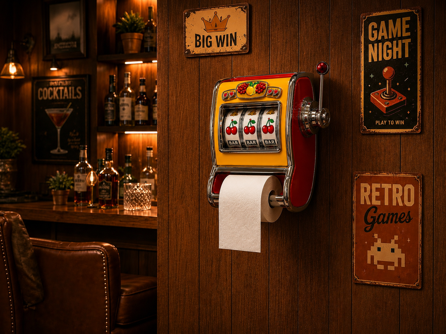 Home bar with slot machine toilet paper holder