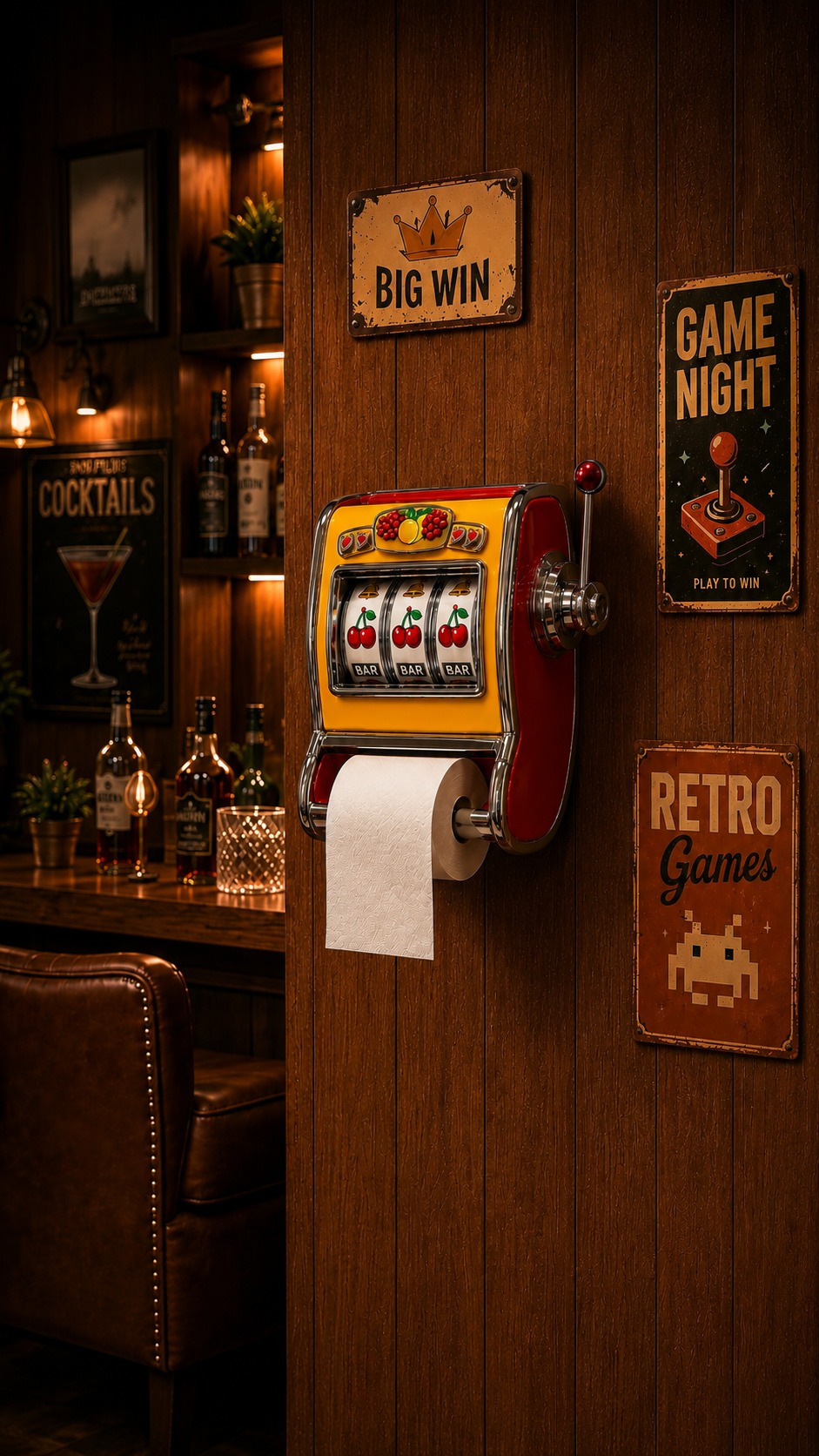 Home bar with slot machine toilet paper holder mobile view