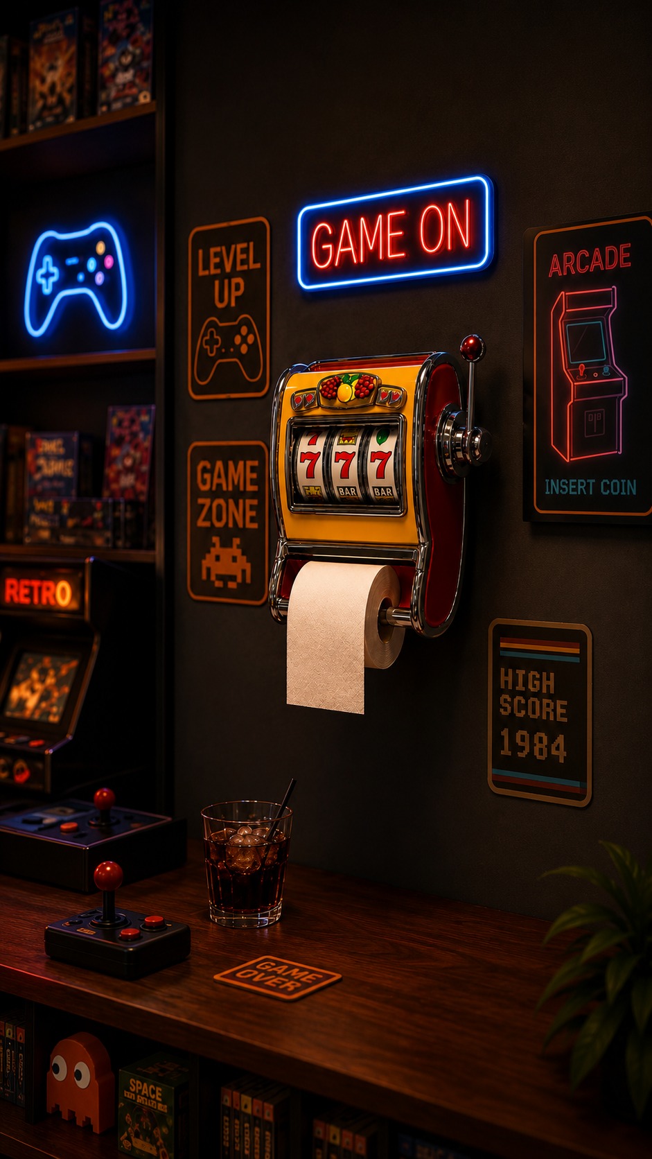 Game room with slot machine toilet paper holder mobile view