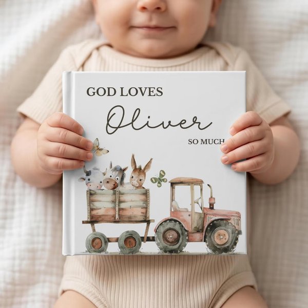 Personalized Christian Baby Book with Name, Watercolor Farm Animal Storybook, Sentimental Baptism & Christening, Gift for Baby/Godson/Goddaughter