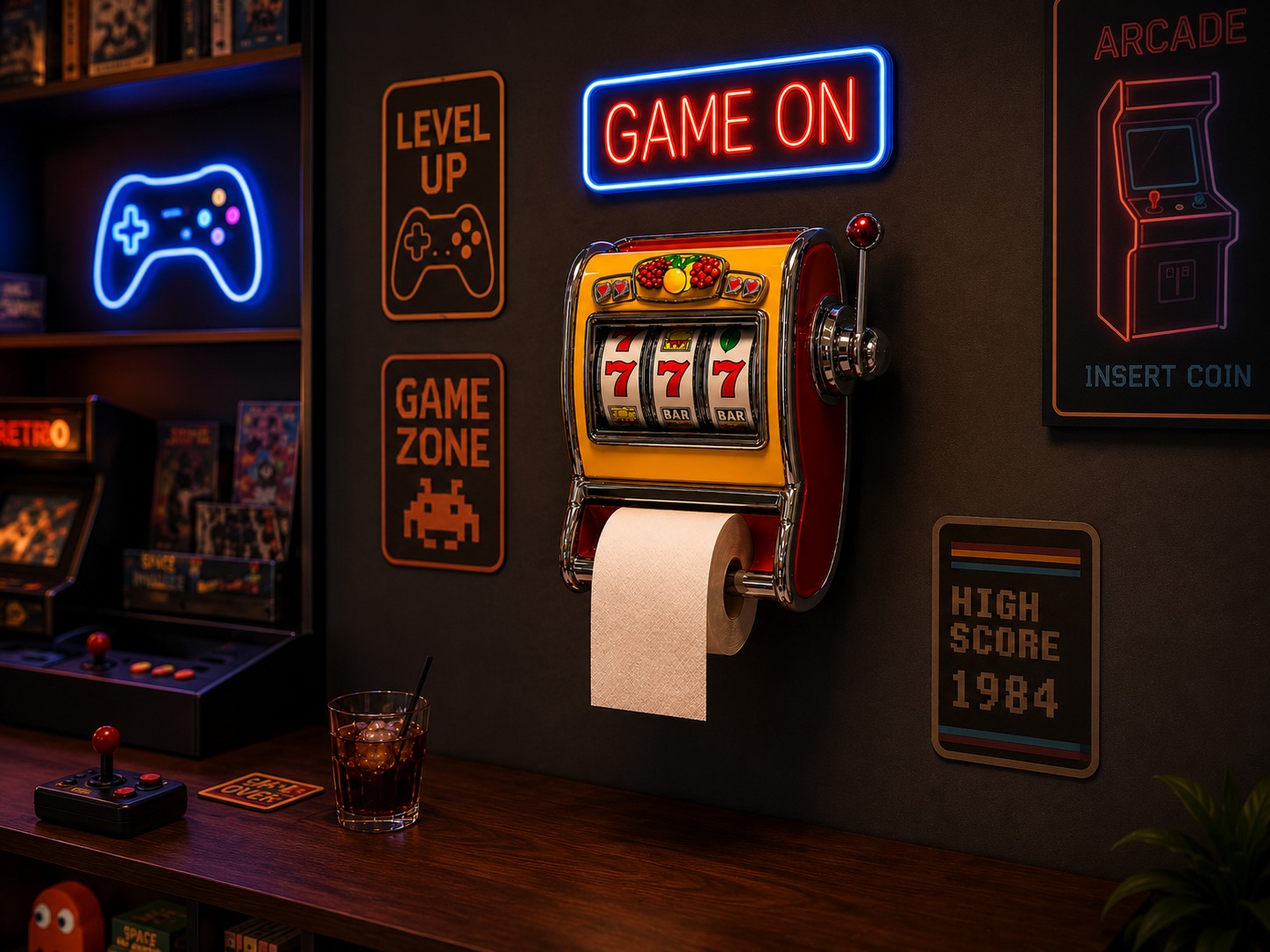 Game room with slot machine toilet paper holder