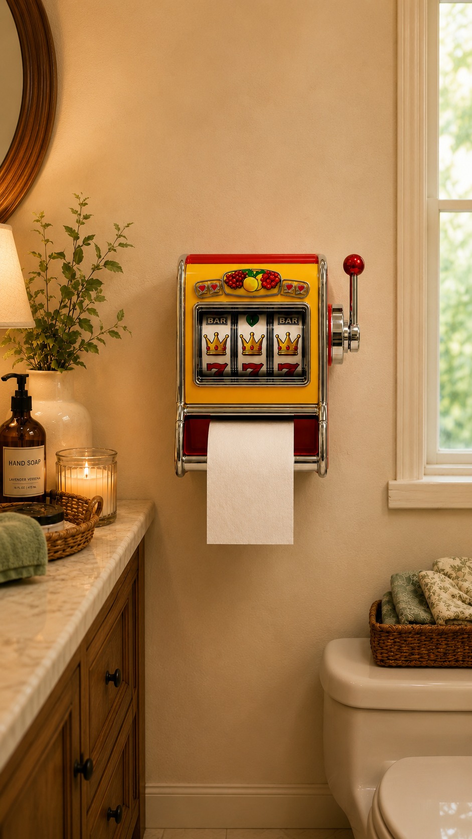 Guest bathroom with slot machine toilet paper holder mobile view