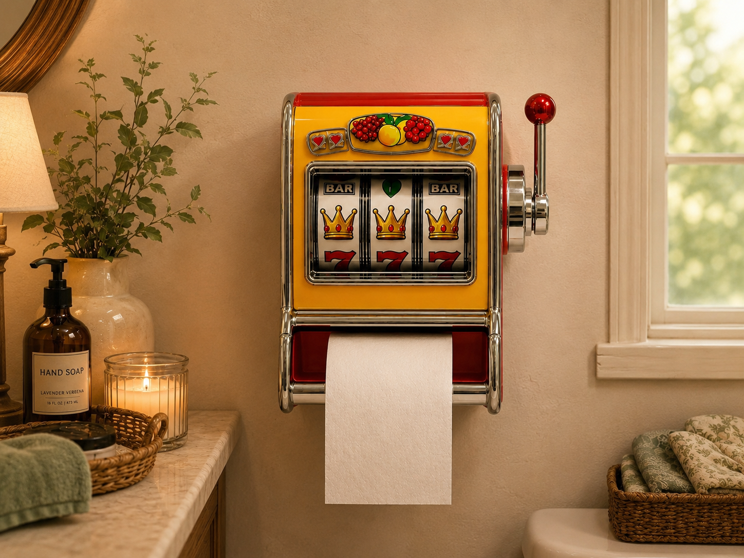 Guest bathroom with slot machine toilet paper holder