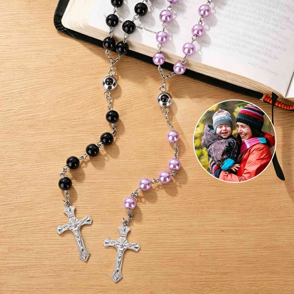 Personalized Photo Projection Rosary Beads Necklace with Cross Pendant Dainty Jewelry Baptism First Communion Gift for Christian Catholic