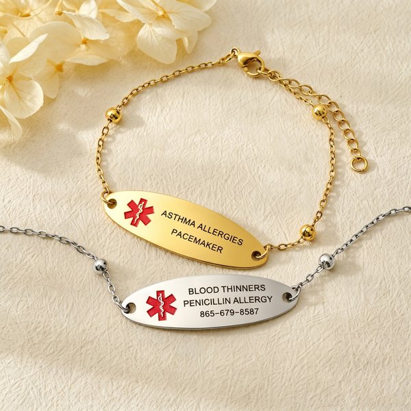 Personalized Simple Medical ID Bracelet with Engraved Emergency Medical Information First Aid Gift for Women Diabetic Patients