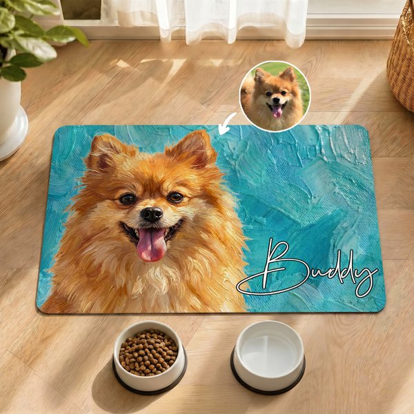 Personalized Oil Painting Style Pet Photo Food Mat with Name Home Decor Pet Supplies Birthday Gift for Pet Owners