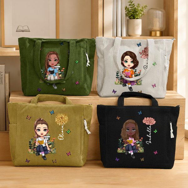 Personalized Cartoon Reading Character Birth Flower Large Capacity Corduroy Tote Bag with Name Travel Essential Birthday Gift for Book Lover Bookworm