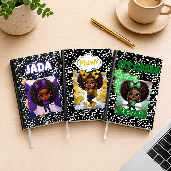 Personalized Cute Black Girl A5 Journal Notebook with Name and Title Daily Use Birthday Back to School Gift for Black Girls Students Kids