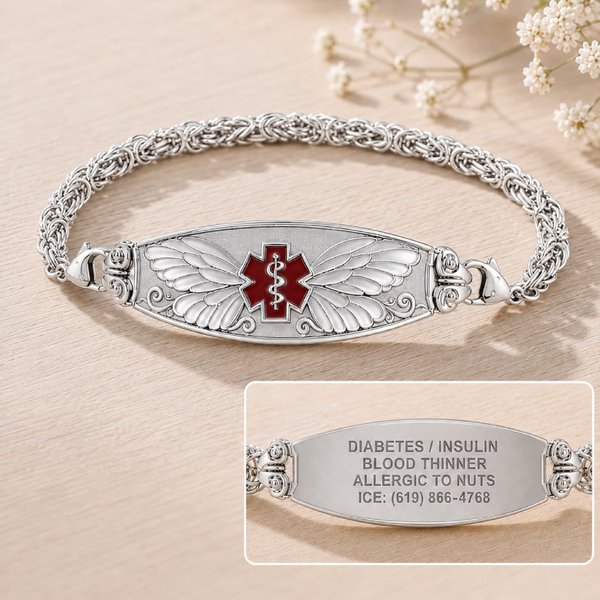 Custom Engraved Butterfly Floral Leaves Medical Alert ID Bracelet, Handcrafted Byzantine‑style Chain Jewelry, Unique Safety Gift for Family/Friends