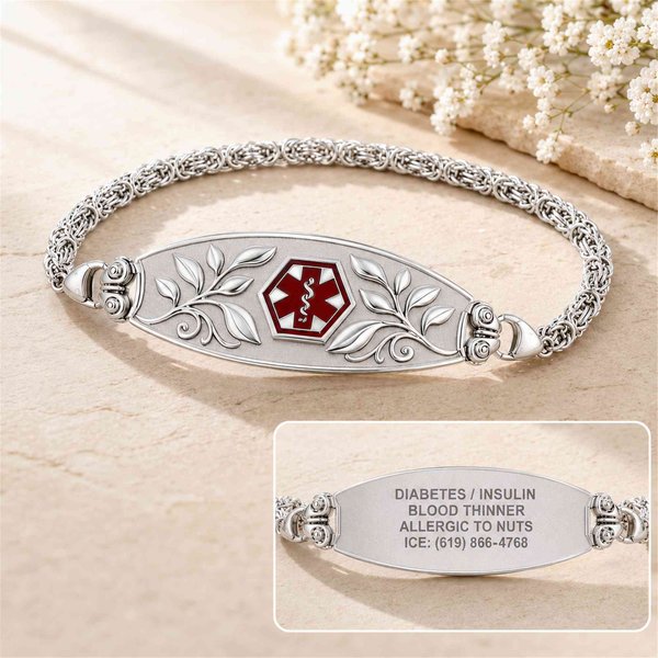 Custom Engraved Olive Vine Scroll Angel  Medical Alert ID Bracelet, Handmade Byzantine Link Chain Safety Jewelry, Protective Gift for Family/Friends