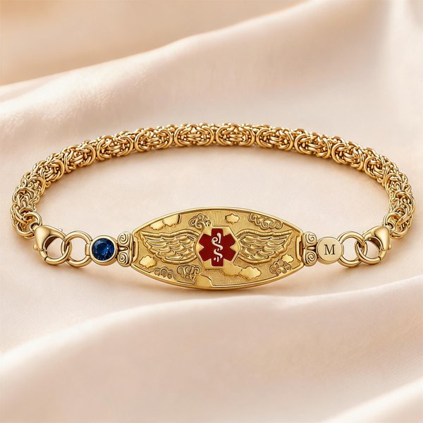 Personalized Medical ID Bracelet with Birthstone & Initial, Gold/Silver Handcrafted Byzantine Link Chain, Identification Jewelry, Gift for Men/Women