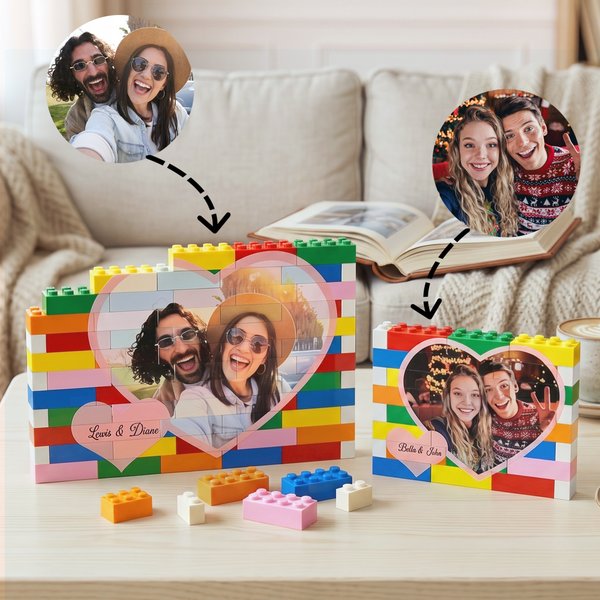 Puzzles personnalisés en forme de cœur, composés de briques de construction colorées et d'une photo, avec prénom – Décoration d'intérieur, cadeau d'anniversaire ou de mariage pour un couple, une épous