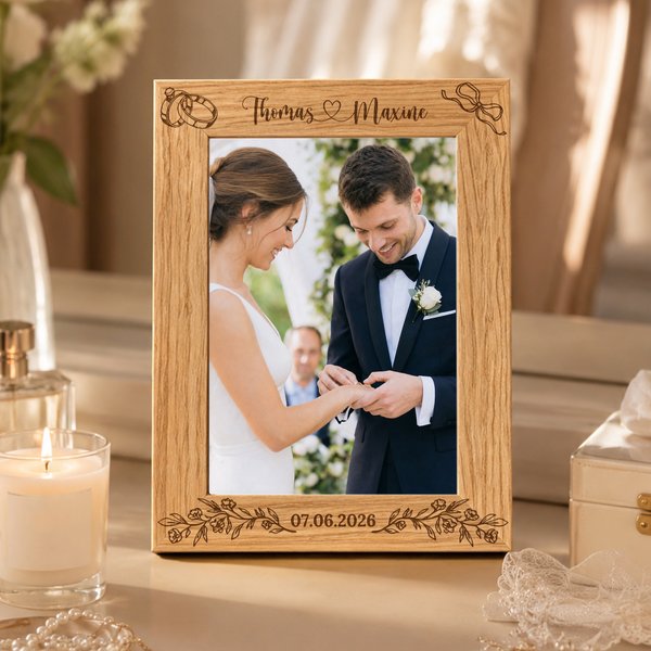 Personalized Bow Ring Floral Design Wooden Photo Frame with Engraved Name and Date Wedding Anniversary Gift for Couple Bride Groom