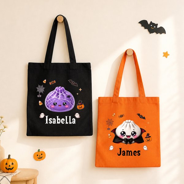 Grand sac en toile personnalisé sur le thème d'Halloween avec des raviolis et le prénom de l'enfant – Cadeau d'Halloween pour un usage quotidien destiné aux enfants