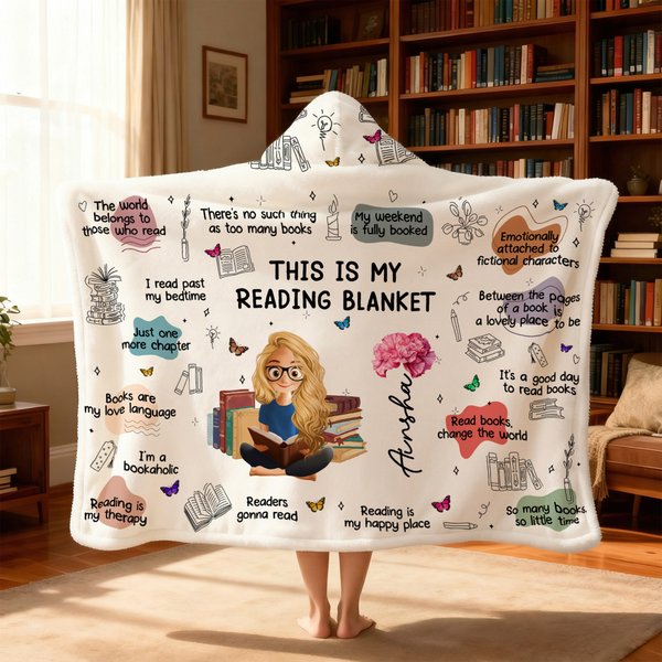 Personalized Birth Flower Cartoon Character Girl Soft Throw Hooded Blanket with Name Home Birthday Gift for Librarians Book Lovers