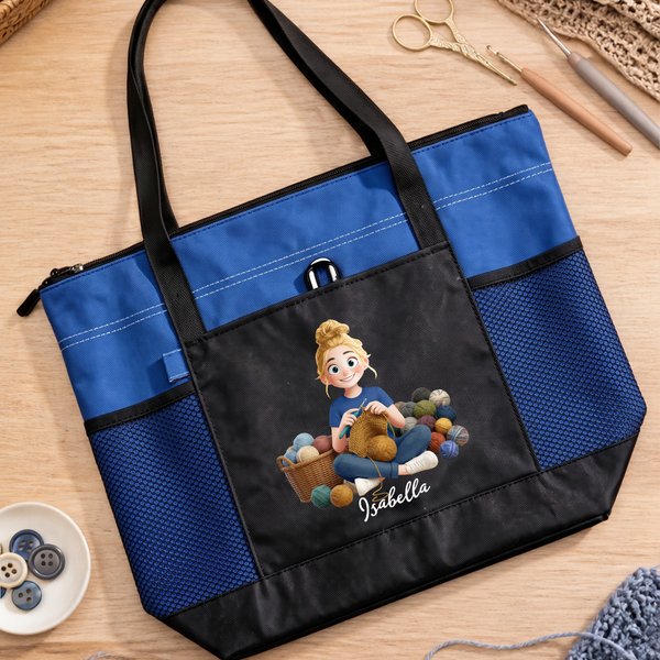 Personalized Yarn Knitting Cartoon Character Zippered Tote Bag with Name and Mesh Pocket Birthday Gift for Knitting Lovers Women