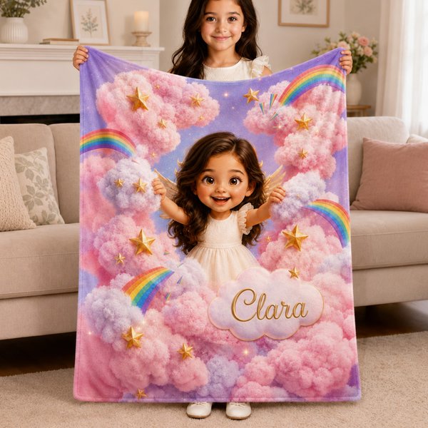 Personalized 3D-Effect Artwork Photo Soft Throw Blanket with Name Home Decor Baby Shower Birthday Gift for Girls