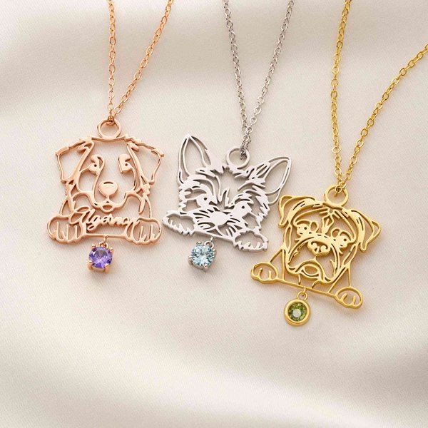 Collier personnalisé avec silhouette de race de chien, pierre de naissance et prénom : bijou raffiné, cadeau d'anniversaire ou de fête pour les amoureux des chiens, des chats et des animaux de compagn