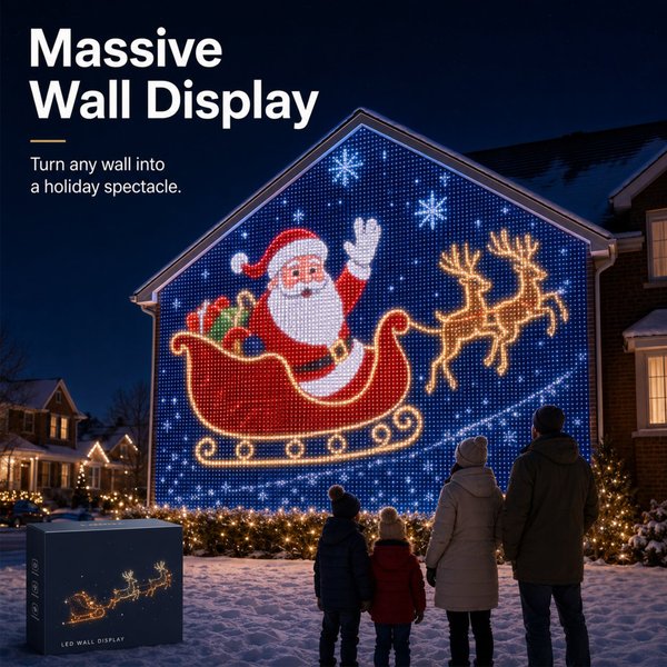 Christmas LED Smart Wall Curtain Net Lights, Large Display with Christmas Themed Patterns, Waterproof Outdoor Wall Decor, Holiday Gift for Homeowners