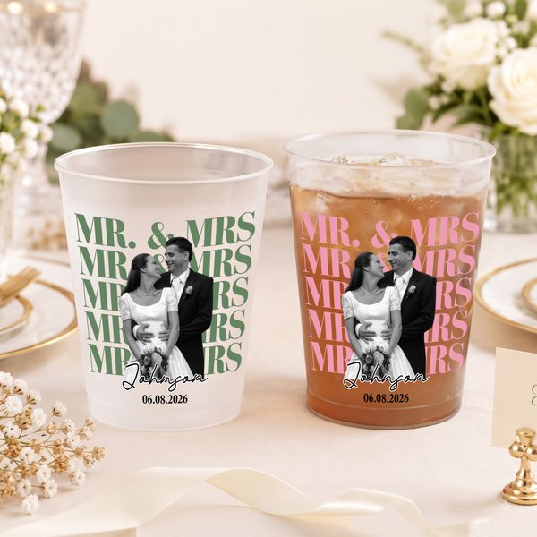 Personalized Mr Mrs Black and White Photo Frosted Plastic Cups with Name and Date Set of 10 Wedding Party Anniversary Gift for Couple