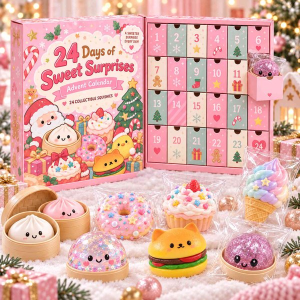 24-Day Christmas Squishy Advent Calendar, 24 Random Dessert Mystery Squishies, Cute Collectible Countdown Toys, Holiday Gift for Girls, Kids & Women