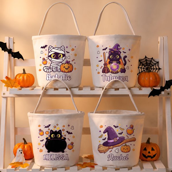 Personalized Ghost Pumpkin Halloween Theme Canvas Candy Bucket Bag with Name Trick or Treat Party Halloween Gift for Boys Girls