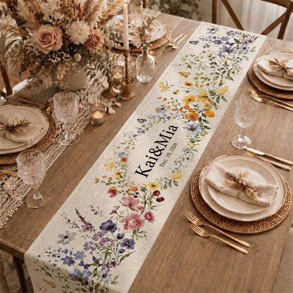 Personalized Watercolor Wildflowers Table Runner with Name and Date Table Decor Bridal Shower Wedding Gift for Couple Newlywed