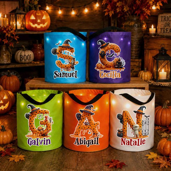 Personalized Halloween Elements Initial Design LED Light Candy Bucket with Name Trick or Treat Halloween Party Gift for Girls Boys