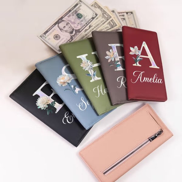 Portefeuille long en cuir PU personnalisé avec effet nacré, représentant la fleur de naissance, avec prénom et porte-cartes – Cadeau de tous les jours, d'anniversaire ou pour la Fête des Mères, pour f