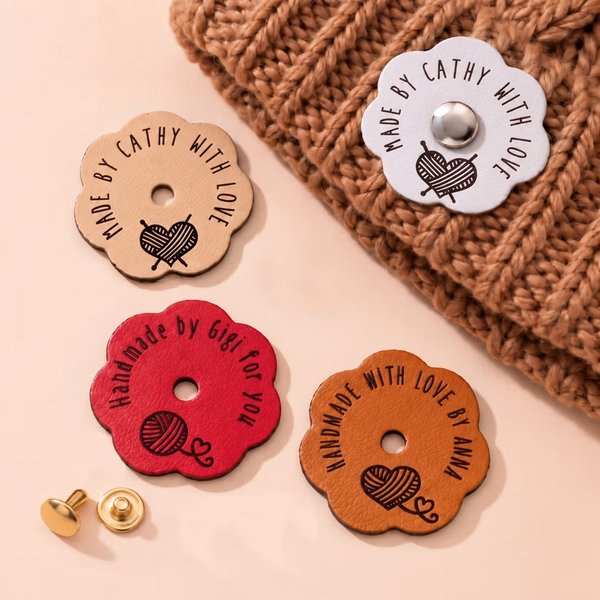 Personalized Flower PU Leather Labels Set of 10 with Icon and Text DIY Knitting & Crochet Tags Birthday Gift for Sewing Lovers Knitters