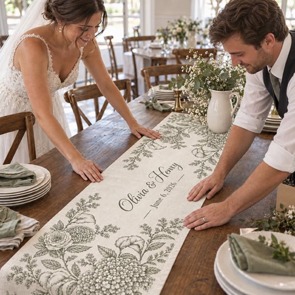 Personalized Wedding Table Runner with Names & Date, Vintage Botanical Linen Table Decor, Wedding Reception & Anniversary Gift for Newlyweds/Couples