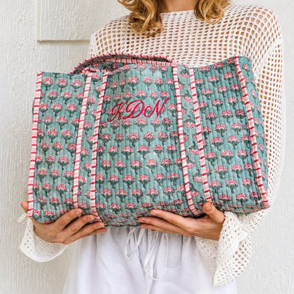 Personalized Embroidered Floral Print Quilted Tote Bag, Custom Monogram Cotton Travel & Weekender Bag, Birthday/Holiday Gift for Women/Mom/Bridesmaids