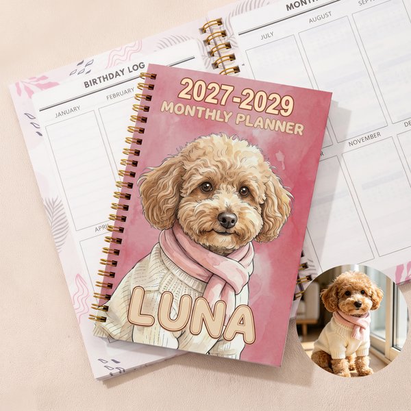 Personalized Watercolor Style Pet Photo 2027-2029 Monthly Planner Spiral Notebook with Name Monthly Planning Pages Birthday Gift for Pet Lover Owner