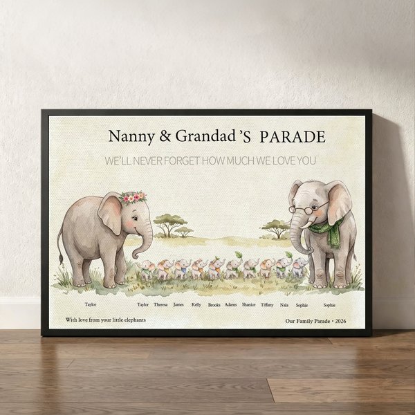 Personalized Cartoon Elephant Family Canvas Poster Framed Painting with 1-10 Names and Year Wall Decor Mother's Day Christmas Gift for Grandparents
