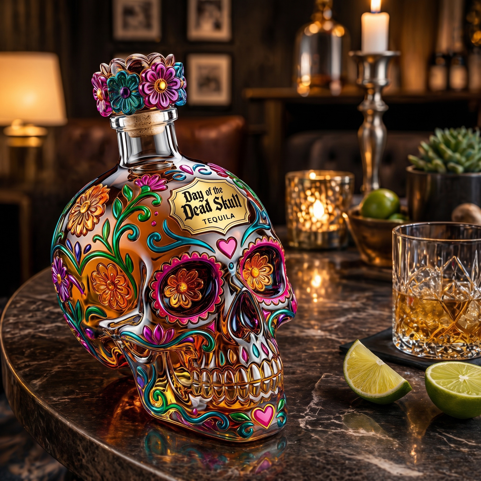 Day of the Dead Colorful Calavera Skull Glass Bottle
